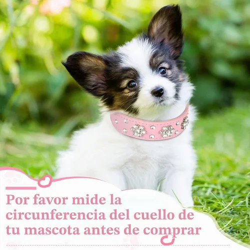Vista 5 de Frienda 2 collares de perro con diamantes de imitación rosas con diamantes brillantes, ajustables, de piel sintética suave, con patrón de flores