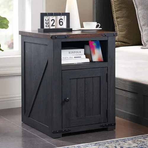 Vista 11 de IFGET - Mesita de noche con estación de carga, mesa auxiliar de 20" estilo granja con puerta de granero, mesa de sofá rústica de madera para cama