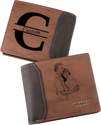 Vista 19 de INBLUE Billetera plegable grabada personalizada, cartera de cuero personalizada con foto y texto grabado, regalos para hombres, marido, papá, hijo
