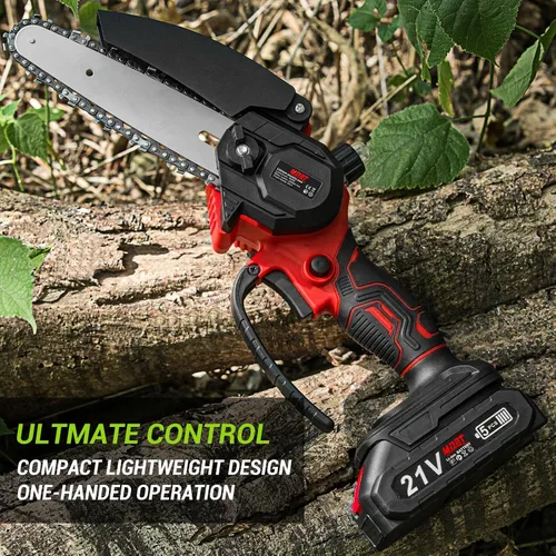 Vista 6 de Mini motosierra inalámbrica de 6 pulgadas con 2 baterías, motosierra eléctrica de mano para un corte eficiente, ligera y fácil de usar (rojo + negro)