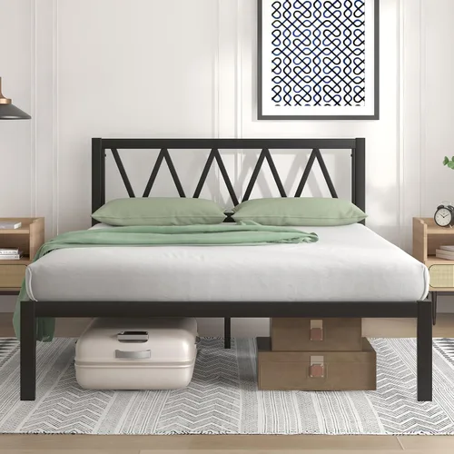 Vista 20 de Novilla Base de cama individual con cabecero, marco de cama de plataforma de metal, resistente, no necesita somier, soporte de listones de madera