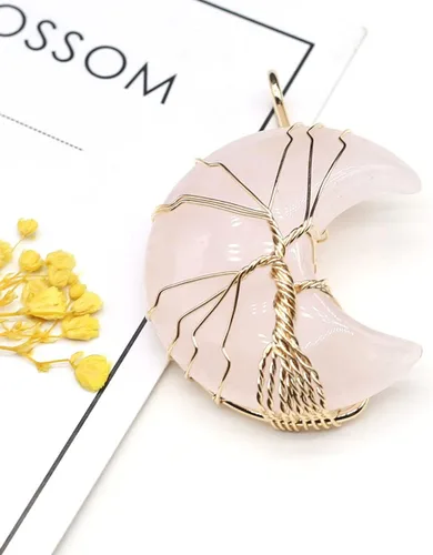 Vista 8 de 4 colgantes de piedra natural, forma de luna, chakra, cristal, ágata, alambre de piedra, tejer, diseño de árbol de la vida para hacer joyas