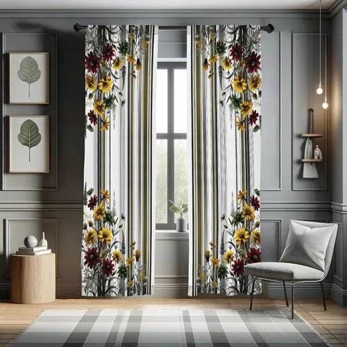 Vista 53 de Ambesonne - Cortinas amarillas para ventana, arte moderno escandinavo de escena de jardín con flores de tulipán y mariposas bailando, juego de 2
