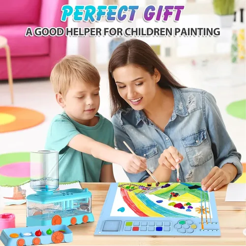 Vista 5 de Kit de limpieza de pinceles para niños con 5 pinceles, bata de arte, tapete lavable, guía, tarro limpiador de pinceles en espiral para acuarela