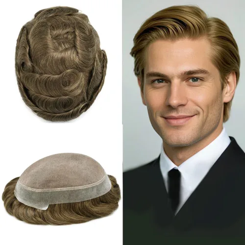 Vista 12 de Monofilamento fino para hombre, sistema de cabello humano Remy, piel de polietileno transparente alrededor del postizo de monofilamento, peluca