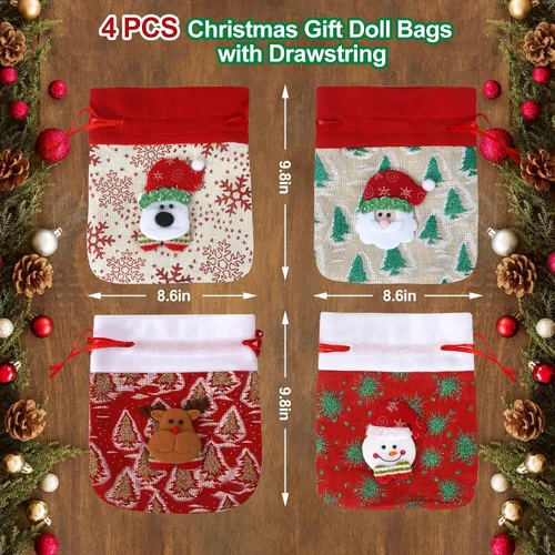 Vista 2 de SHANGRLA Bolsas de regalo de Navidad con cordón, diseño de muñeco de nieve, reno, Papá Noel y oso Lindas bolsas de regalo de Navidad para niños