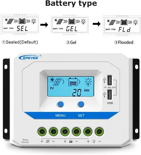 Vista 3 de EPEVER Controlador de carga solar de 10 A, regulador de carga de panel solar PWM de trabajo automático de 12 V/24 V, con pantalla LCD y potente