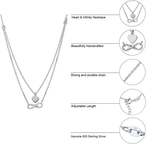 Vista 5 de Vanbelle Joyas de plata de ley, chapado en rodio con sello 925, gargantilla de corazón e infinito con cadena de doble capa, collar hecho a mano