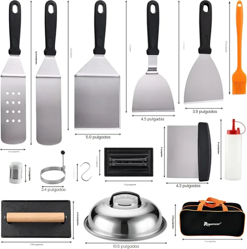 Vista 2 de ROMANTICIST - Juego de 29 piezas de accesorios para parrilla - Juego de espátulas Teppanyaki de parte superior plana con raspador, cubierta
