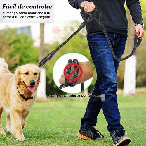 Vista 3 de JSXD Correa resistente de doble asa para perro, 5 pies, acolchada y reflectante, cuerda para perros pequeños a grandes (negro)