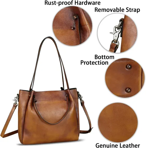 Vista 6 de Bolsos de cuero genuino para mujer, bolsos vintage hechos a mano con asa superior