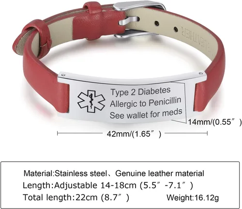 Vista 7 de MPRAINBOW Pulsera de alerta médica personalizada para mujer, correa de reloj de cuero genuino, grabado de doble cara, diabetes, epilepsia, joyería