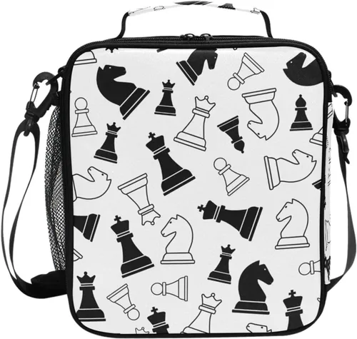 Vista 51 de Lonchera con patrón de cuadros blancos y negros, bolsa de almuerzo aislada, bolsa de preparación para niños, correa de hombro congelable a001