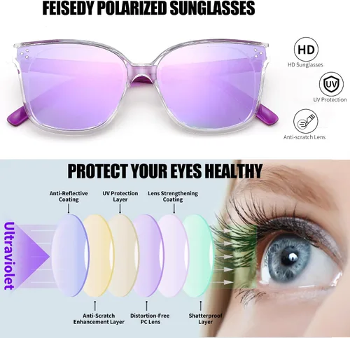 Vista 6 de FEISEDY - Anteojos de sol de estilo retro, cuadrados polarizados, para mujeres y hombres, aspecto vintage, de gran tamaño, B2600