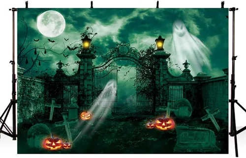 Vista 9 de MEHOFOND Fondo de fotografía de cementerio embrujado de Halloween de 7 x 5 pies, linterna gótica de fantasma, terror espeluznante, puerta