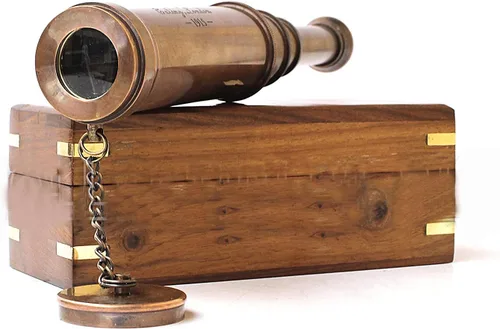 Vista 2 de Telescopio de acabado de cobre vintage con caja de madera regalo marino Londres 1917 instrumento educativo hogar y oficina