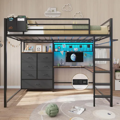 Vista 13 de DICTAC Cama alta individual con escritorio en forma de L y 7 cajones de almacenamiento, cama alta de metal tamaño individual para niños con luces