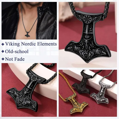 Vista 3 de FaithHeart Collar con colgante de runas vikingas nórdicas, martillo de Thor, brújula nórdica, Odín, cuervo, para hombres y mujeres, con embalaje