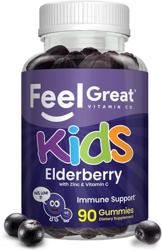Vista 11 de Feel Great Kids - Gomitas de saúco con zinc y vitamina C Apoyo inmunológico Sambucus Saúco Multivitaminas veganas para niños con sabor a bayas