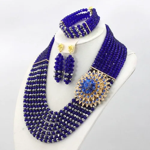 Vista 3 de Africanbeads 8Rows Royal Blue Crystal Beads Necklace,Crystal Jewelry Set,Wedding Gift,Bridesmaid Necklace