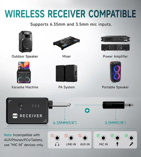 Vista 5 de Micrófono inalámbrico, micrófonos inalámbricos dinámicos de metal con conexión de chip uno a uno y receptor recargable, duración de 40 horas