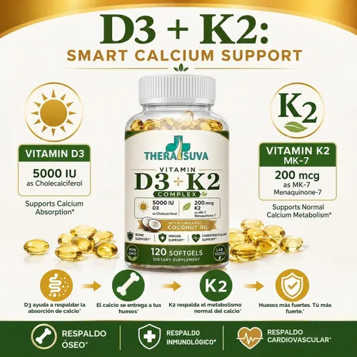 Vista 3 de TheraSuva Vitamina D3 + K2 con aceite de coco orgánico, 120 cápsulas