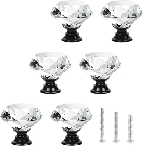 Vista 8 de 6 pomos de cristal de cristal de 1.18 pulgadas para cajones, pomos negros en forma de diamante, manijas con tornillos para cocina, baño, tocador