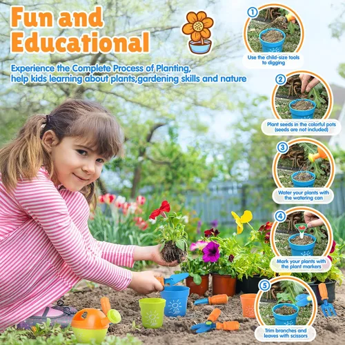 Vista 4 de PLAY Juego de Jardinería para Niños, Juego de Herramientas de Jardín para Niños, Kit de Herramientas de Jardinería con Pala, Tenedor, Espatula