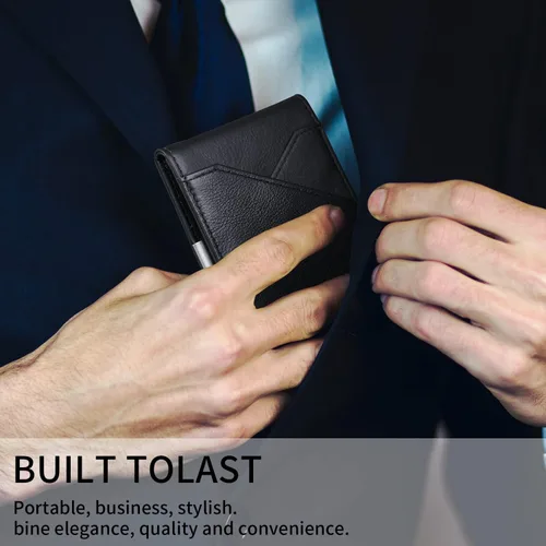 Vista 5 de Mens slim leather wallet mens minimalist wallet wallet RFID blocking front pocket bi-fold wallet with ID window Black