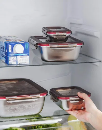 Vista 3 de Recipiente de almacenamiento de alimentos de acero inoxidable con tapas, recipientes de metal herméticos, apilables, para preparación de comidas
