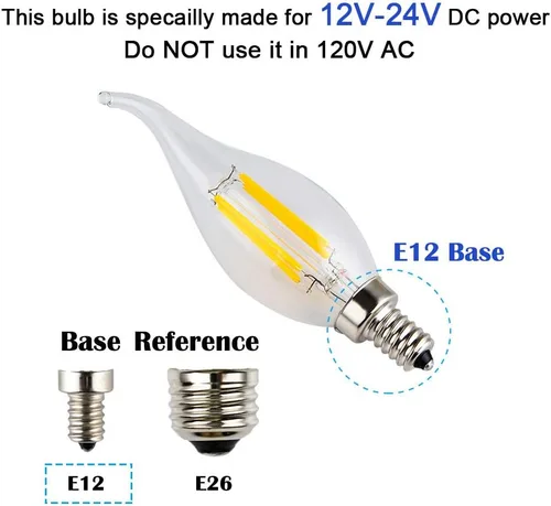 Vista 2 de Bombilla de bajo voltaje 12 V LED Candelabra, 12 V CC o 12 V CA, 4 W regulable, 2700 K luz blanca cálida, casquillo E12, 40 W de repuesto