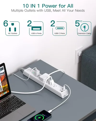 Vista 3 de Regleta protectora contra sobretensiones con USB C, cable de extensión de enchufe plano con 6 salidas de CA, 4 USB (2 USB C), montaje en pared, 5