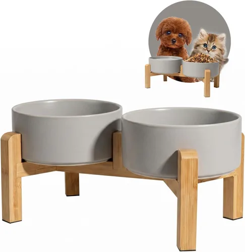 Vista 17 de Tazón elevado de cerámica para perros, 3.6 tazas de comida y agua para Rosa