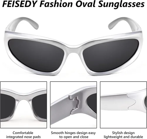 Vista 4 de FEISEDY Gafas de sol futuristas envolventes ovaladas y frescas Y2K con marco grueso, vintage de los años 90 para hombres y mujeres, B2951