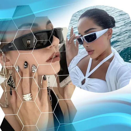 Vista 2 de Dollger Paquete de 2 lentes de sol envolventes futuristas para mujeres y hombres, moda Y2K Biker Rider Visor Shield para deportes al aire libre