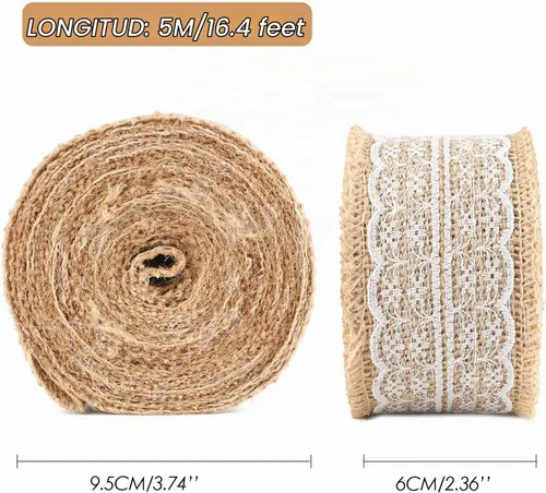 Vista 3 de jijAcraft Rollo de cinta de arpillera de yute natural, 2.4 pulgadas x 5.5 yardas, cinta de arpillera de encaje blanco rústico para manualidades