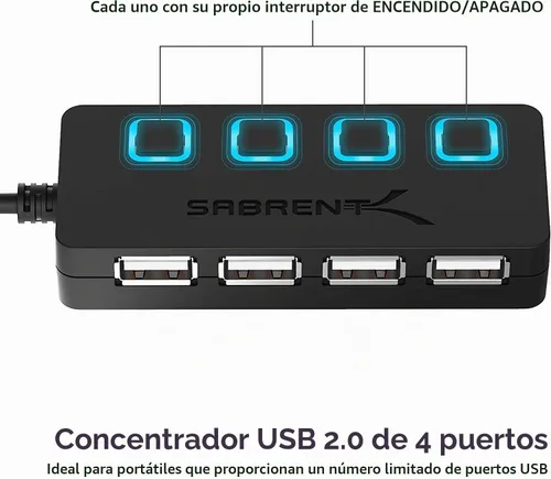 Vista 2 de SABRENT Hub de datos USB 2.0 de 4 puertos con interruptores de alimentación individuales con LED iluminados [no se admite la carga] para Mac y PC
