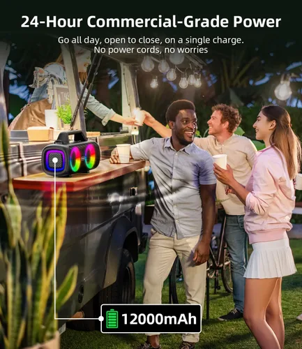 Vista 4 de Altavoz Bluetooth portátil inalámbrico, sonido fuerte de 140 W de pico con 2 subwoofers y refuerzo de graves, altavoz impermeable para exteriores