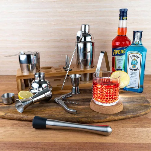 Vista 4 de Mixology Bartender Kit de 16 piezas de coctelera de acero inoxidable de alta calidad y elegante soporte de bambú Perfecto para mezclar bebidas