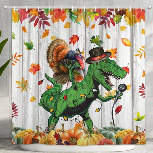 Vista 8 de Divertida cortina de ducha de Navidad, bonito dinosaurio en sombrero de Papá Noel cantando Feliz Navidad para niños, niños y niñas, decoración