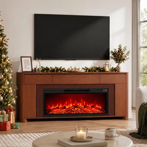 Vista 8 de Soporte de TV con chimenea de 70 pulgadas para televisores de 80 pulgadas Natural