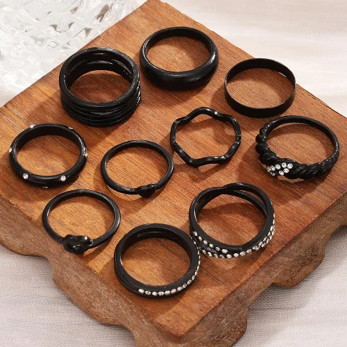 Vista 8 de KISS WIFE Juego de anillos dorados, plateados y negros para nudillos, para mujeres, delicados, simples, modernos, apilables, perfectos para apilar