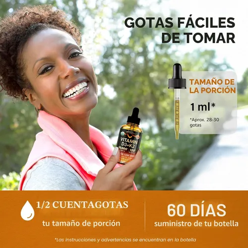 Vista 7 de Gotas Orgánicas USDA de Vitamina D3 K2 – Vitamina D3 10000 UI y K2 como MK-7 120mcg – Apoyo inmunológico y del estado de ánimo, salud de huesos
