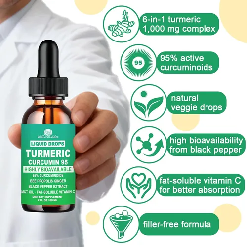Vista 4 de Suplemento de curcumina de cúrcuma gotas con 95% de curcuminoides, complejo líquido de cúrcuma de absorción mejorada, 1000 mg con propóleo de abeja