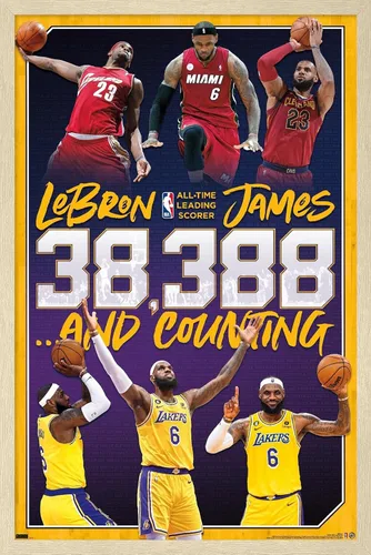 Vista 7 de NBA League - Póster de pared de LeBron James All-Time Scoring Leader, 22.4 pulgadas de largo x 14.7 pulgadas de ancho, versión enmarcada de madera