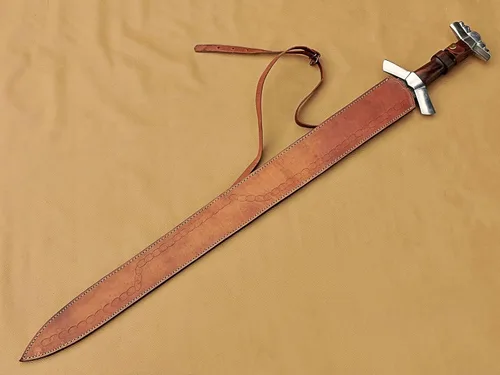 Vista 6 de Espada vikinga de acero de Damasco hecha a mano con mango de madera de rosa Espada medieval con vaina.