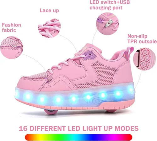 Vista 3 de Wooowyet - Tenis con ruedas y luces LED para niños y niñas, con ruedas, USB recargable, cierre de gancho y bucle