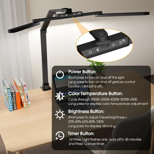 Vista 4 de ShineTech Lámpara LED de escritorio para oficina en casa, 25 modos de iluminación, lámpara LED con brazo oscilante con abrazadera, sensor de gestos