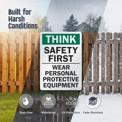 Vista 4 de SmartSign - S-2917-AL-14 Letrero "Think Safety First - Use equipo de protección personal" Aluminio de 10" x 14" Aluminio 10" x 14" Aluminio