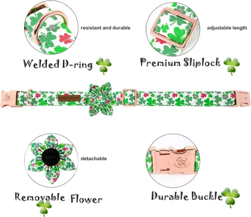 Vista 4 de Elegant little tail Collar de perro de San Patricio con flor, collares de perro con flores, trébol verde, regalo para mascotas, collares ajustables